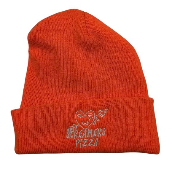 Vintage Y2K Screamers Pizza Embroidered Knit Winter Beanie Hat Orange - Picture 1 of 3